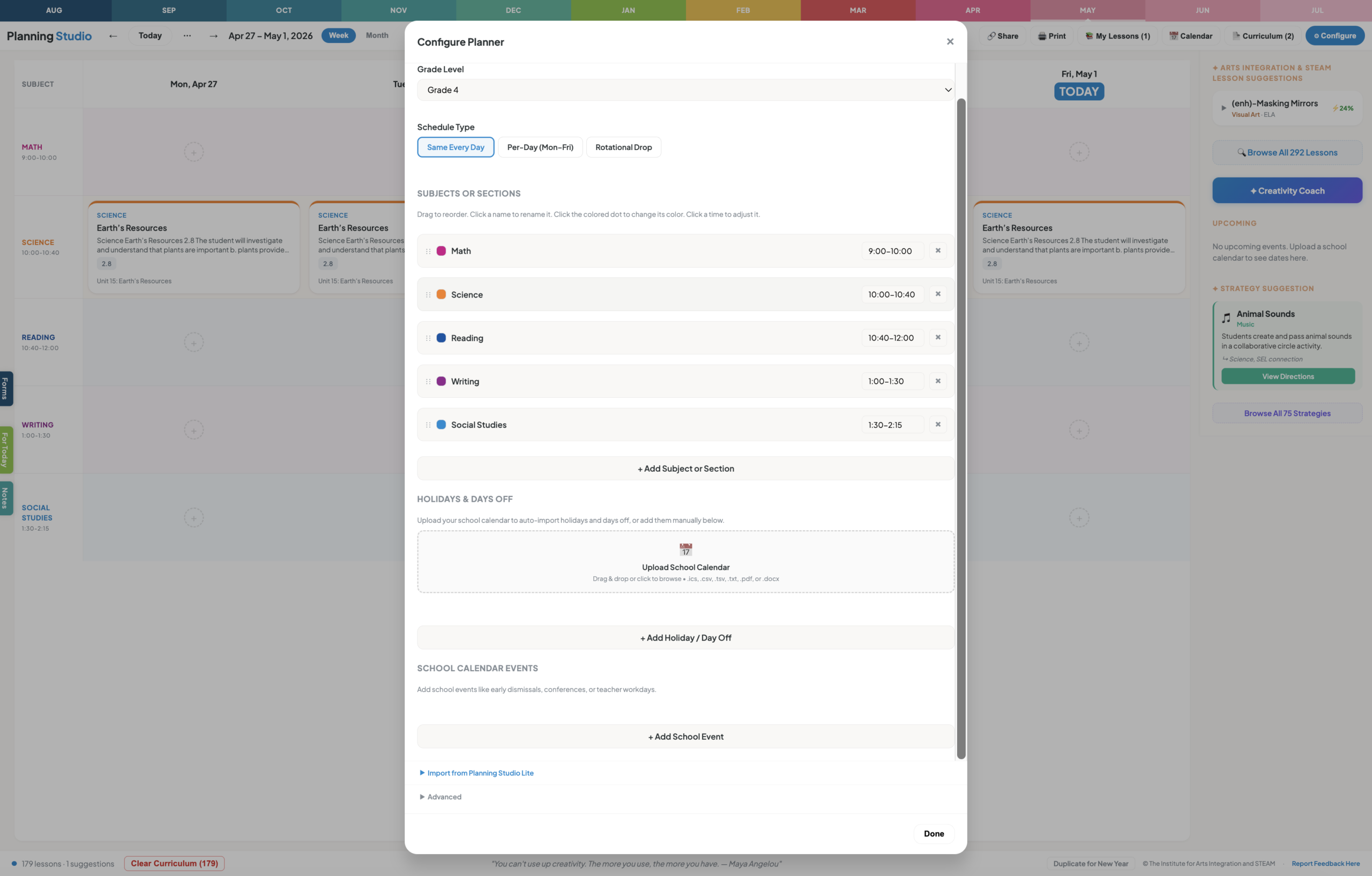 Customize subjects, colors, and grade levels in settings