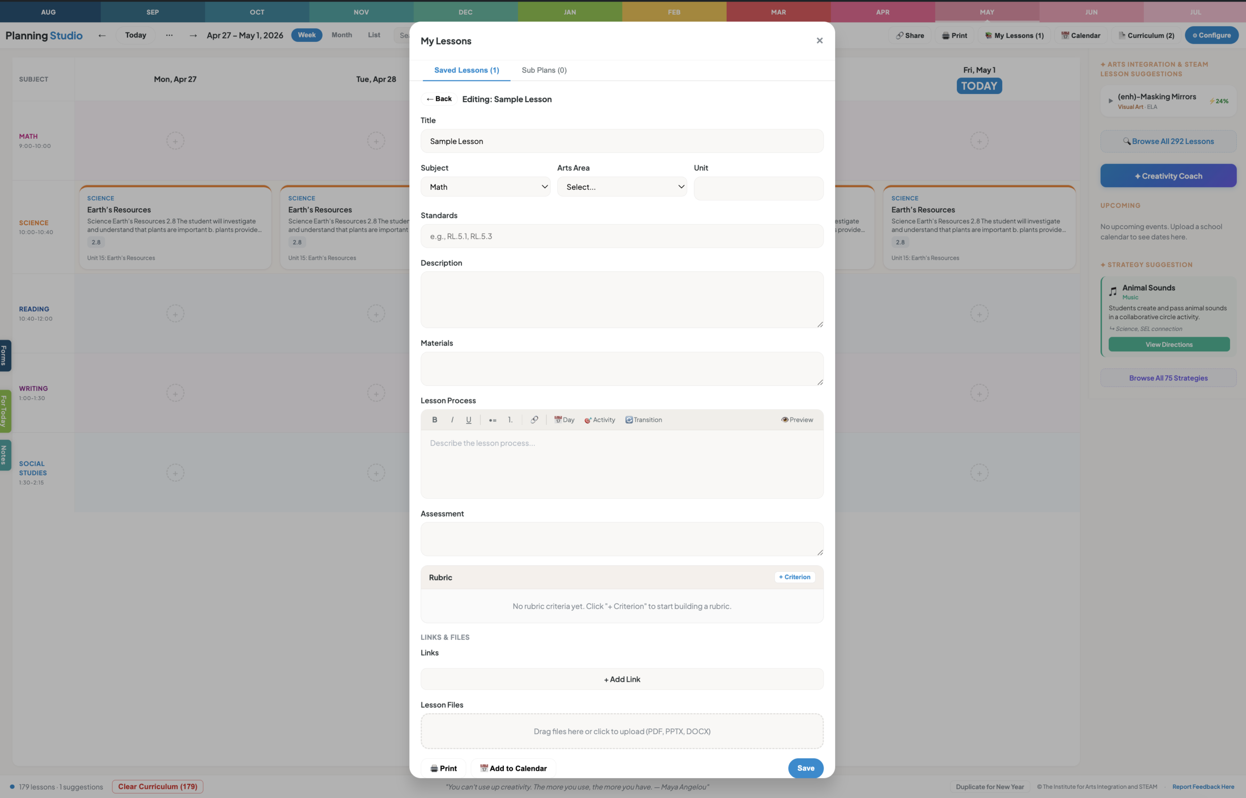 Create a lesson with rich text editing, materials, and assessment fields
