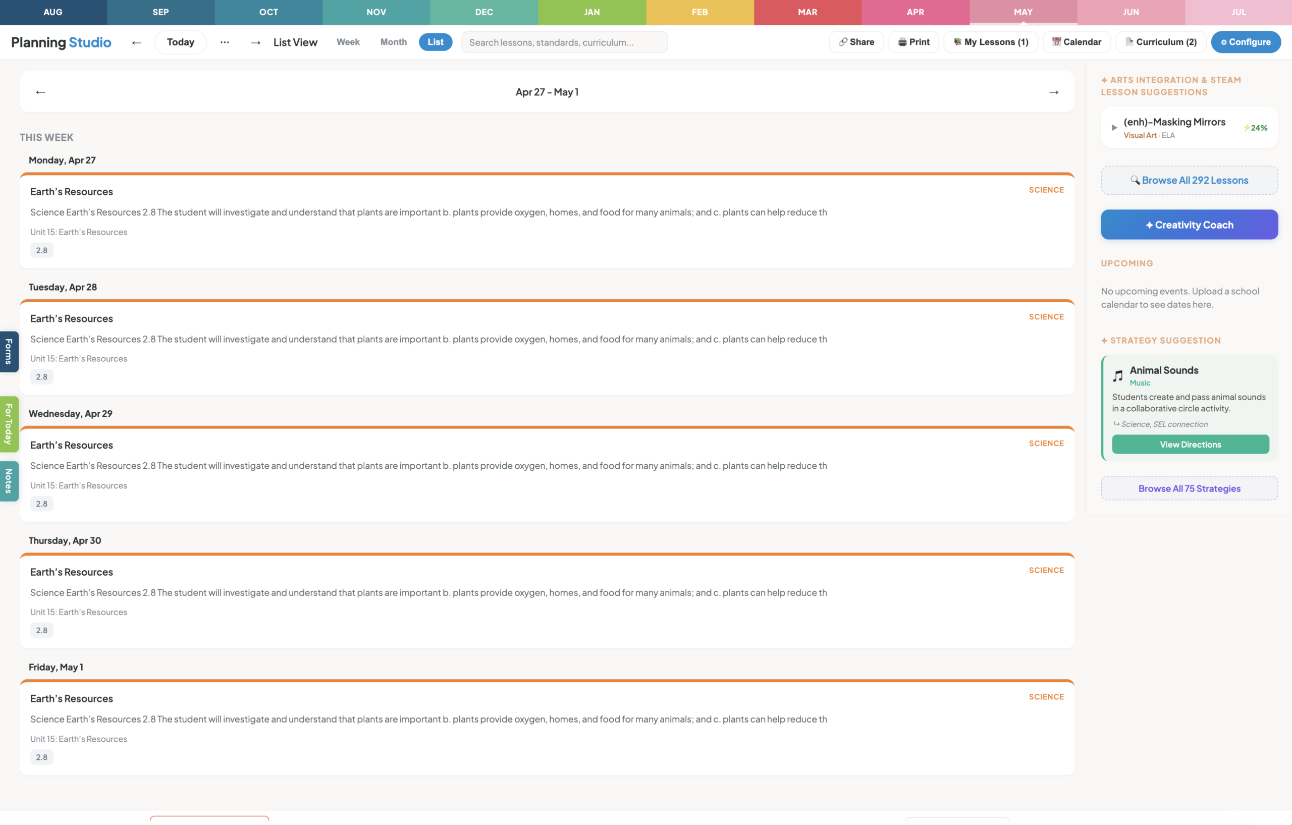 List view showing lessons in sequential order