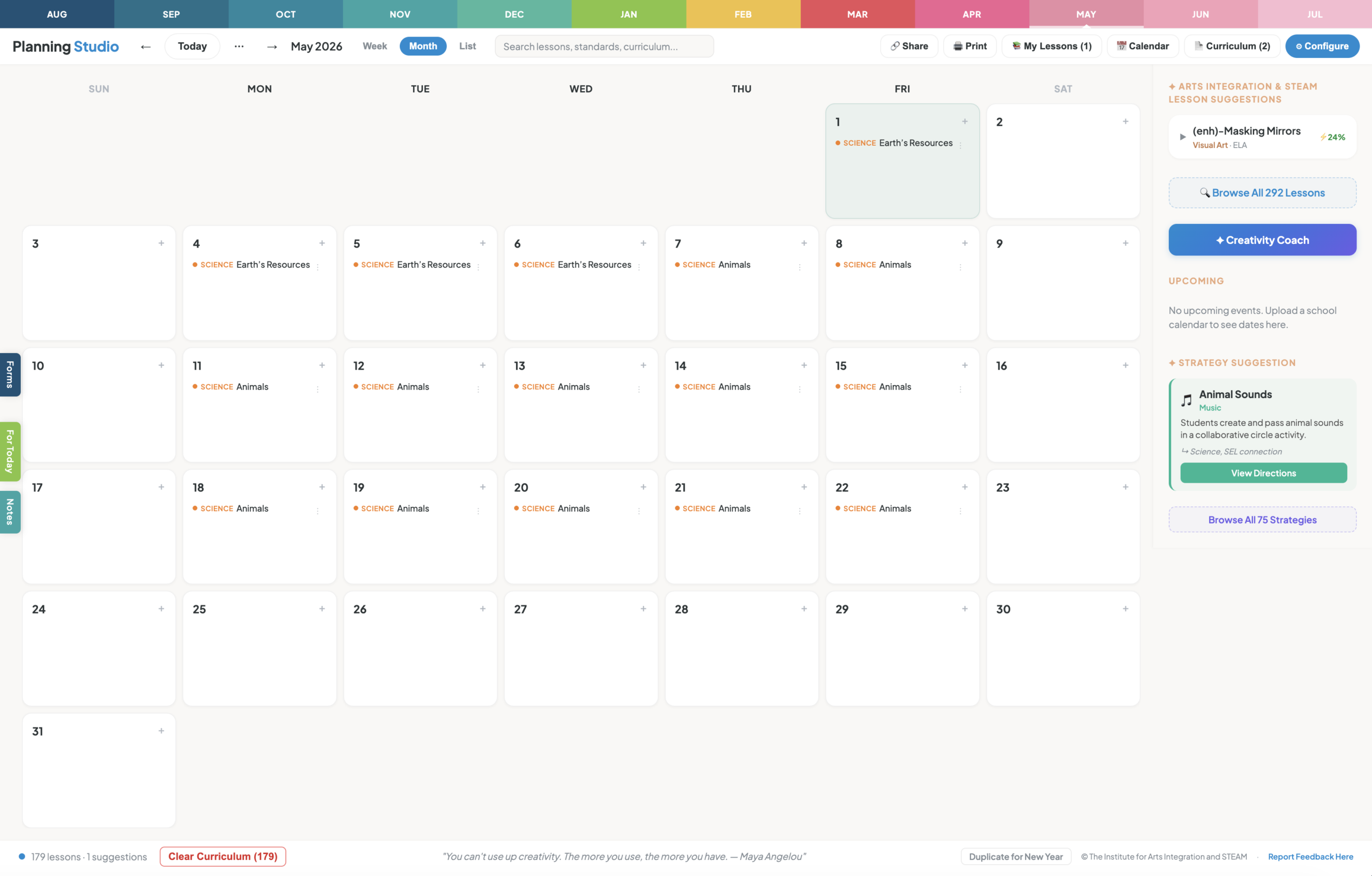 Monthly calendar view with lessons and holidays