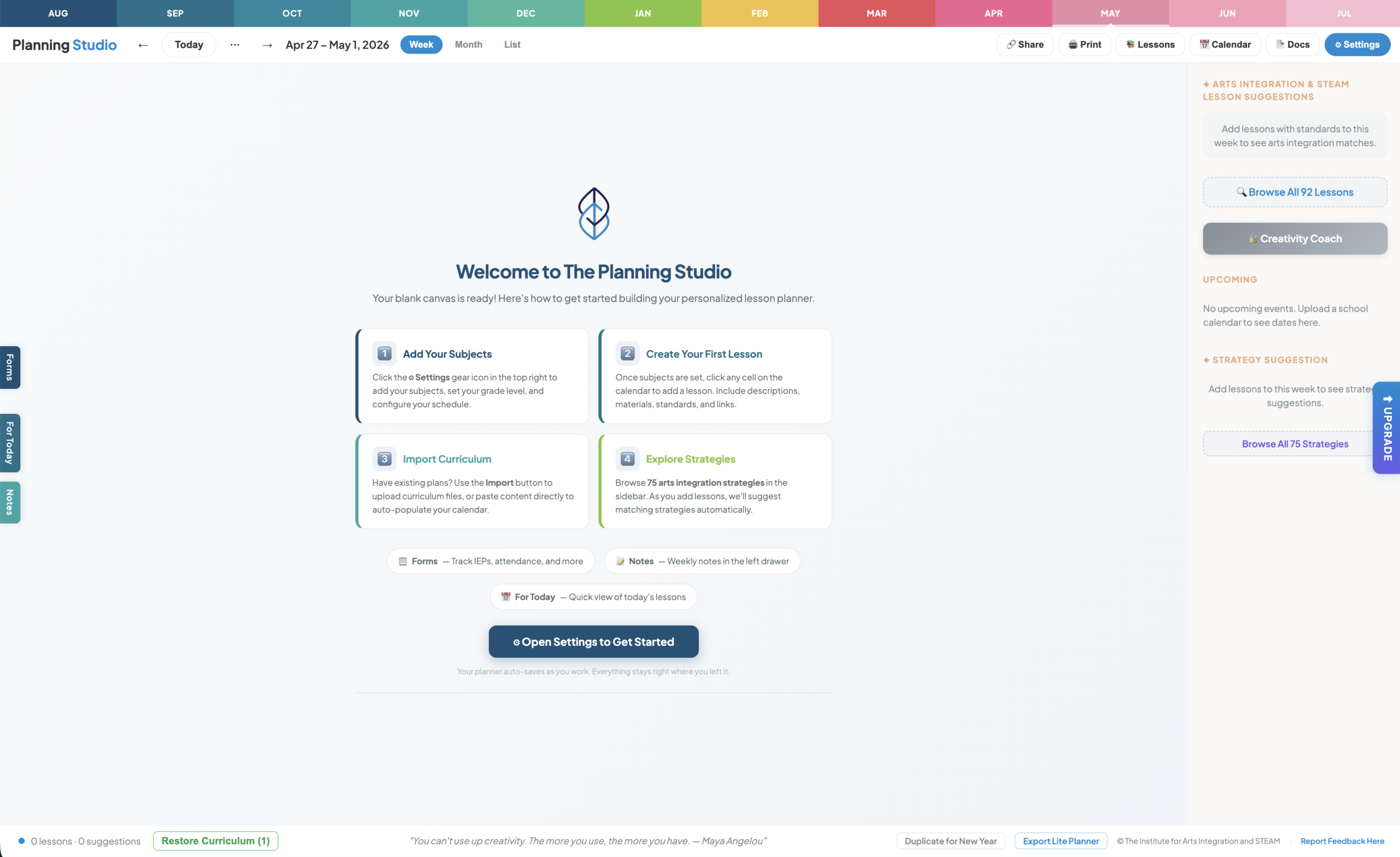 Planner setup screen for subjects and grade levels