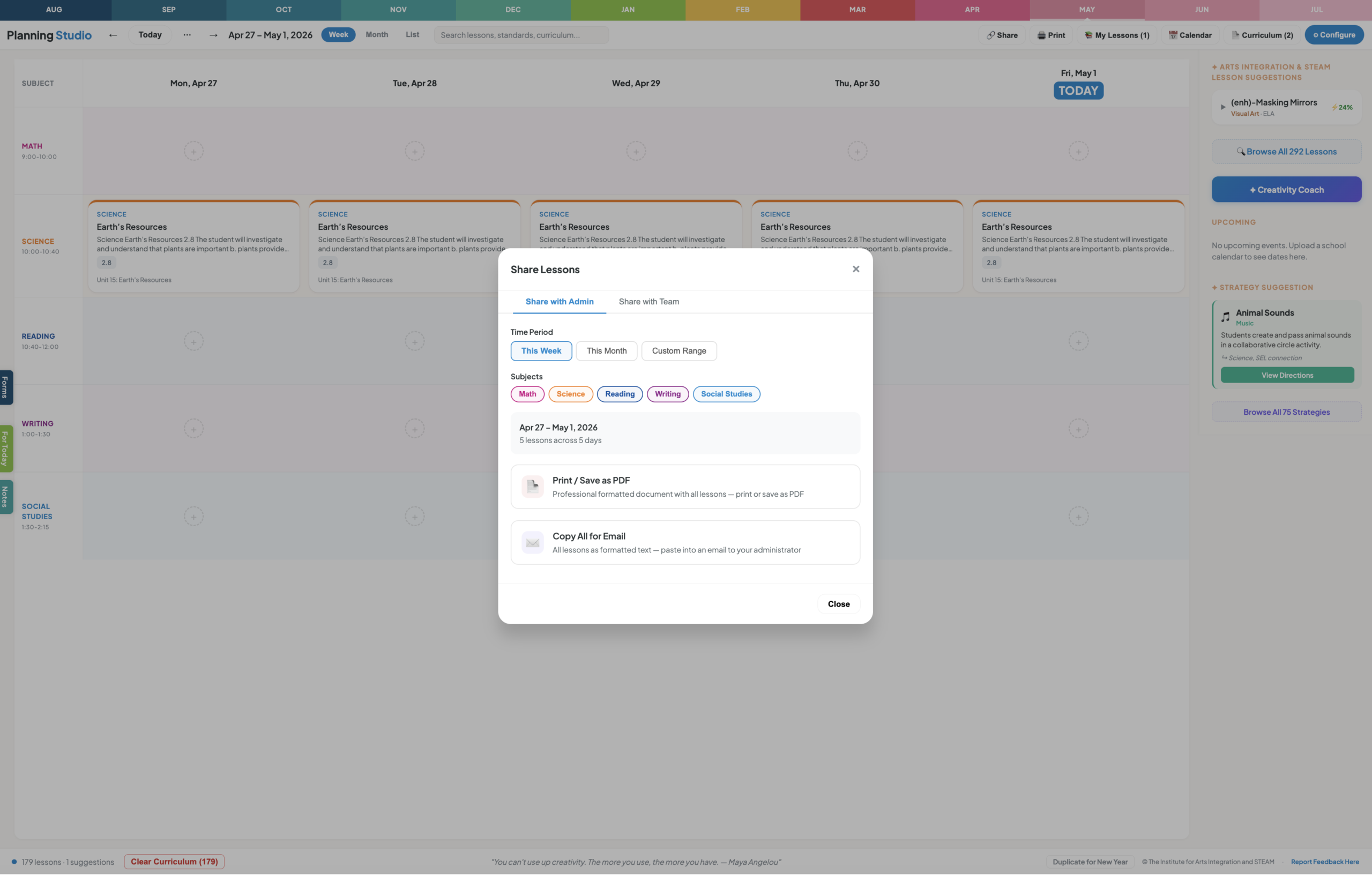 Share lessons via link, email, PDF, or as sub plans
