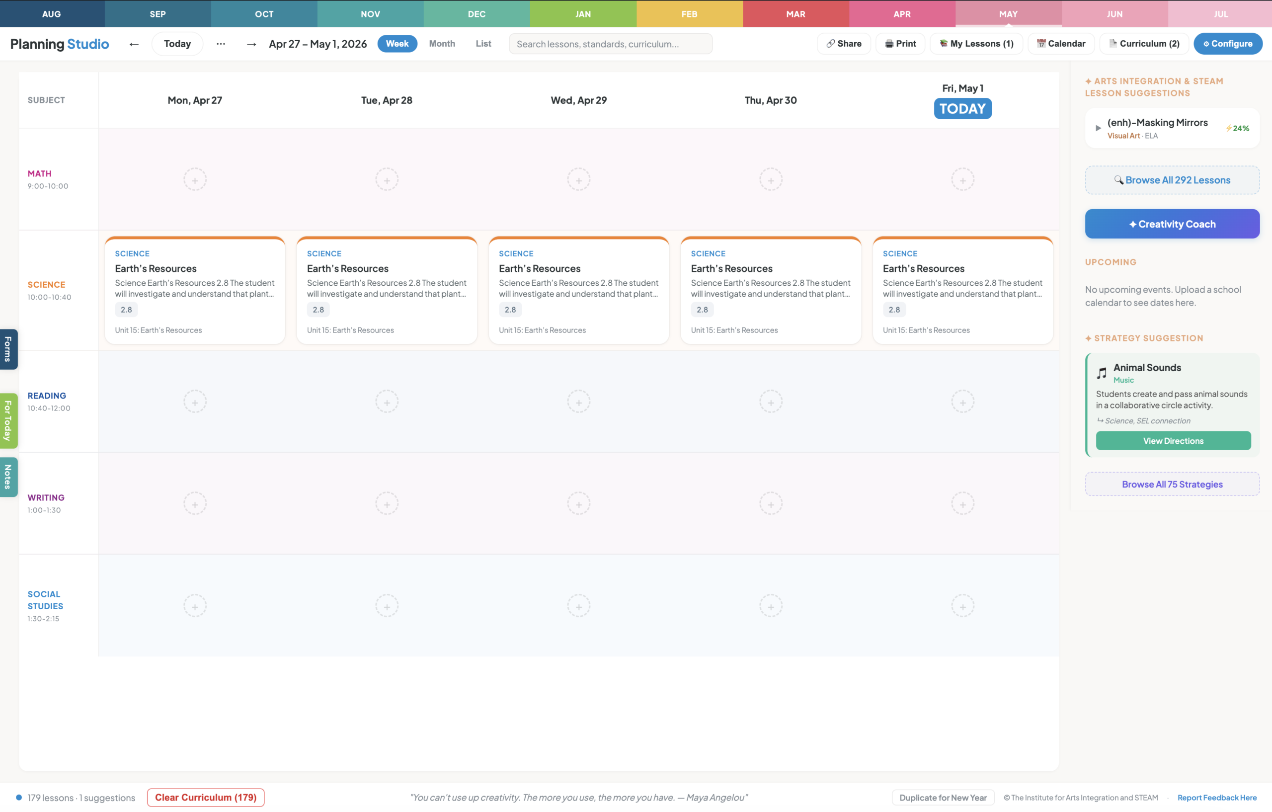 Planning Studio Lite weekly view showing color-coded lessons across subjects